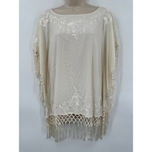 French Connection Embroider Kimono Top Fringe Cream Oversized BOHO Hippie S 4